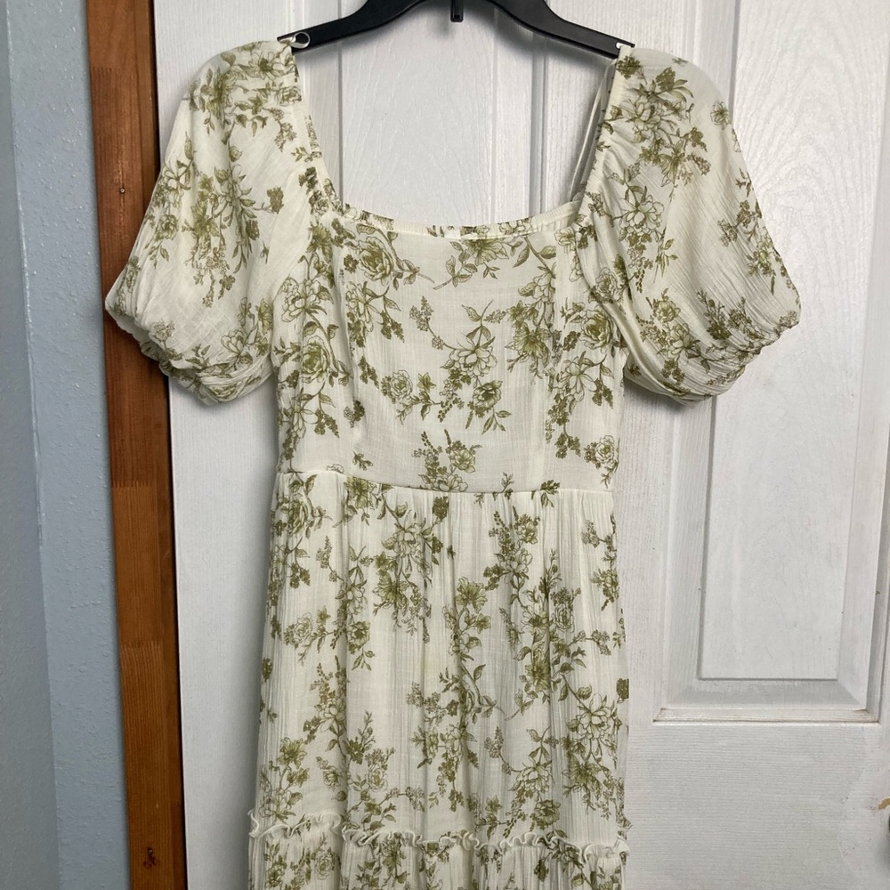 White/off beige dress with overlay green flowers